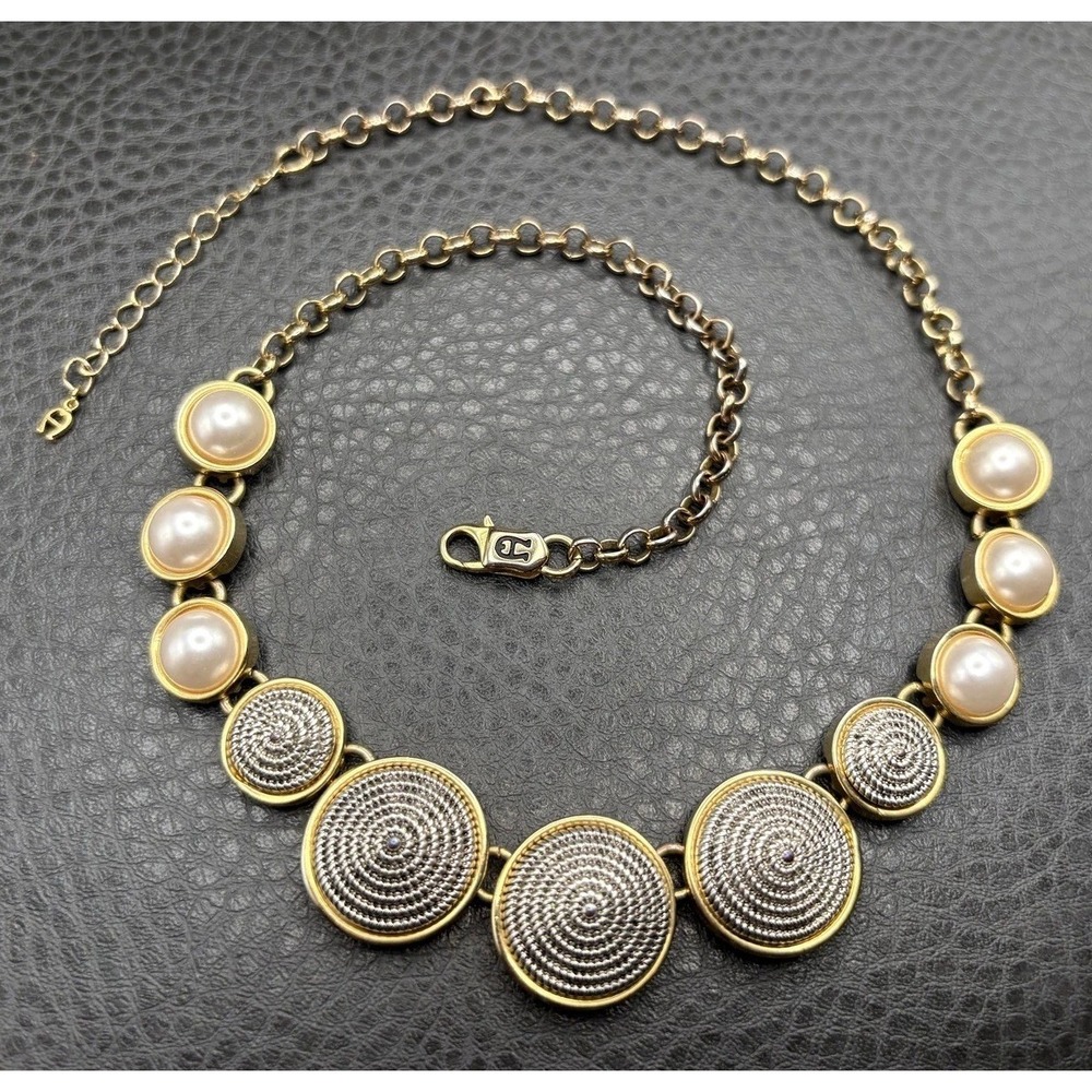 Etienne Aigner Gold Tone Faux Pearl Statement Necklace Textured Circle 18"